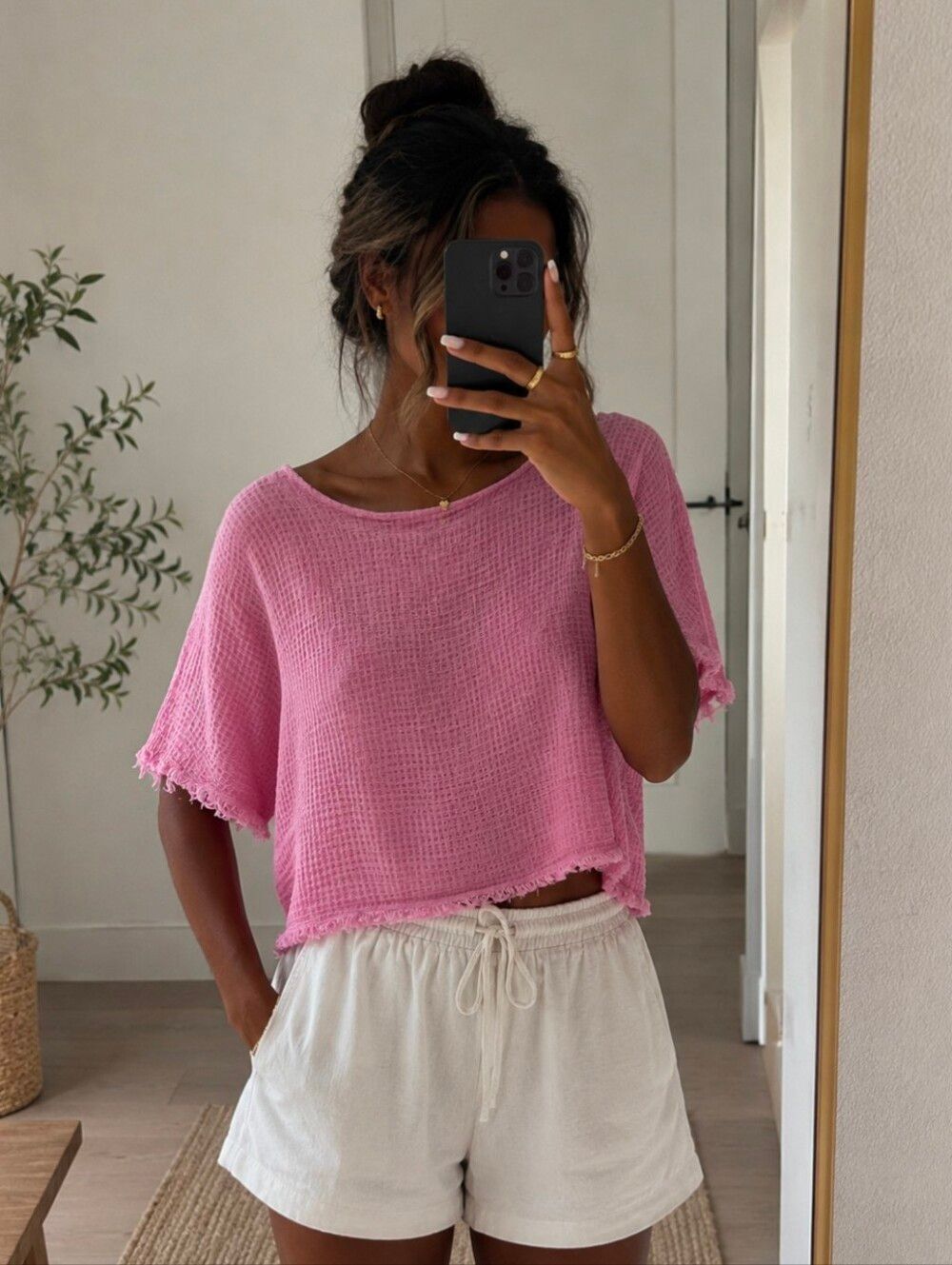 Salty Beach Boutique Pink Cotton Linen Blend Textured Crop Top